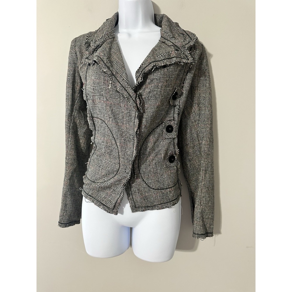 WYETH Todd Magill Plaid Cropped Frayed Deconstructed Blazer Jacket Wool Silk Sm‎
